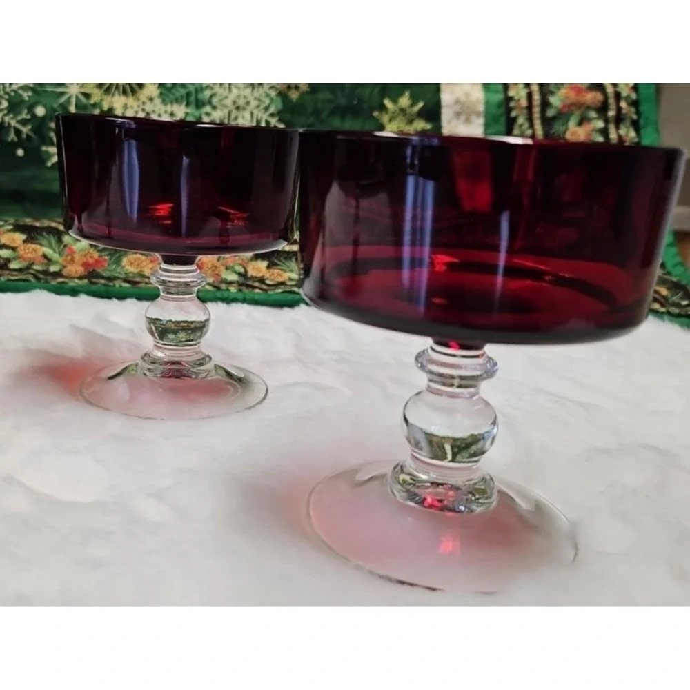 Vintage‎ Red Ruby Champagne Clear Ball Stem Glass Pair 
